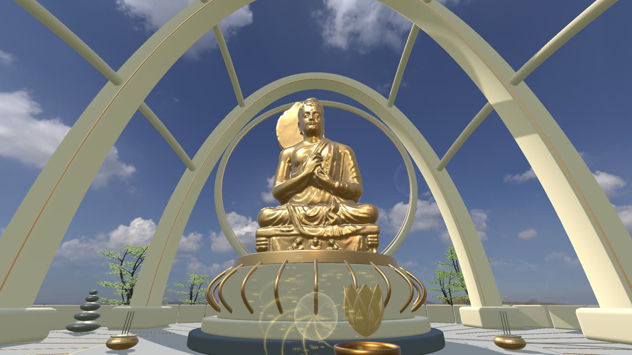 Golden Buddha beneath open arches with visual breathing light