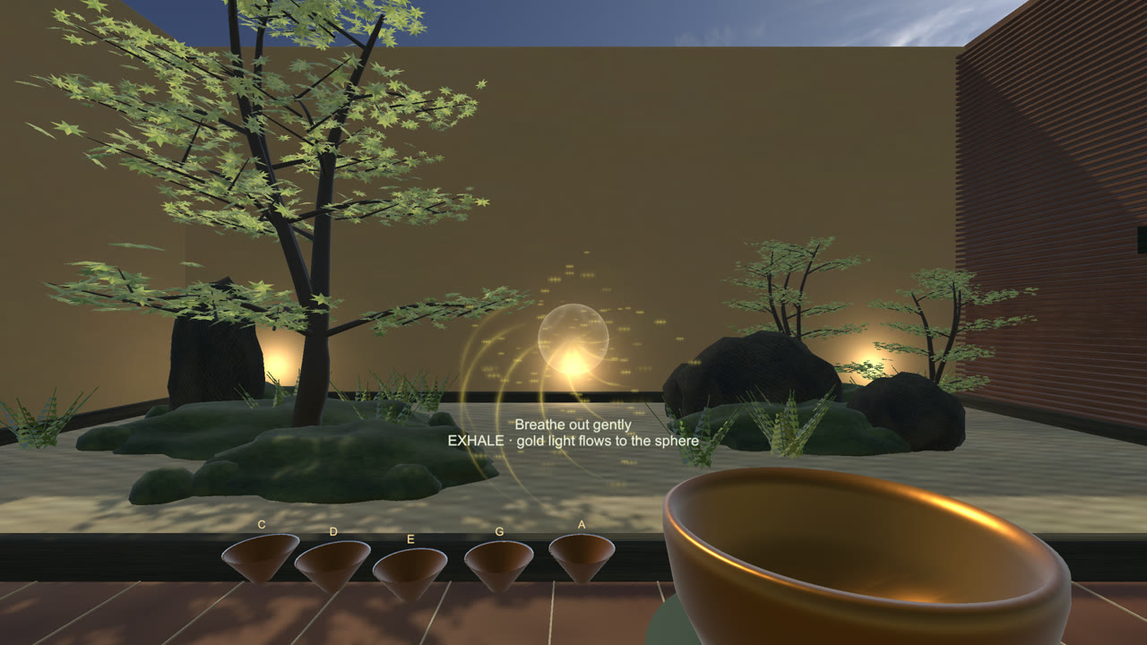Zen garden with a tree, glowing breathing orb and singing bowls